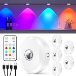 WILLED Rechargeable RGB Puck Lights with Remote Control, 1200mAh Battery Operated Tap Lights, Dimmable Touch Under Cabinet Lighting, Wireless Push Lights, LED USB Shelf Light (6 Pack)