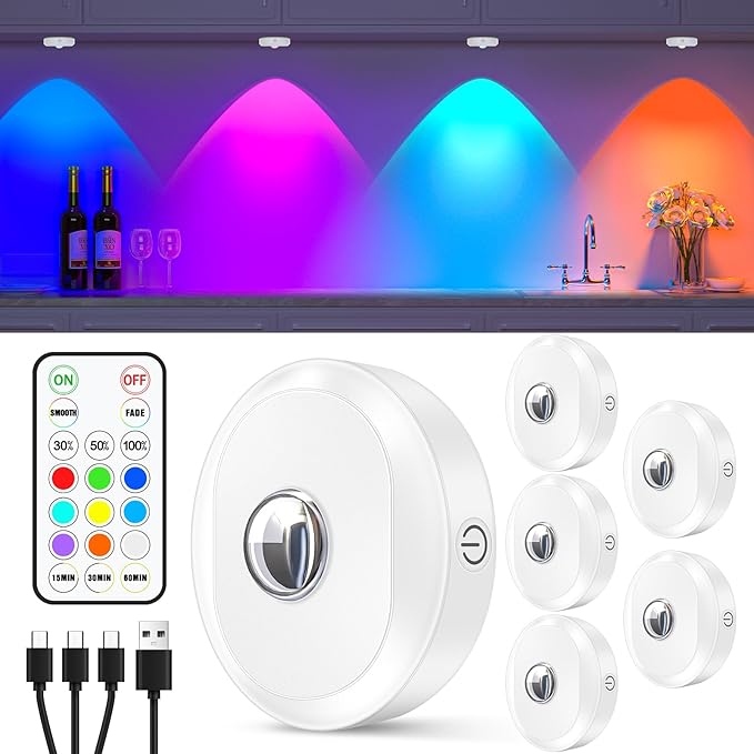 Focos LED RGB recargables por USB WILLED con control remoto, iluminación LED inalámbrica para vitrinas con temporizador, iluminación de gabinetes que cambia de color, luces magnéticas regulables para debajo de los gabinetes de cocina (paquete de 6)