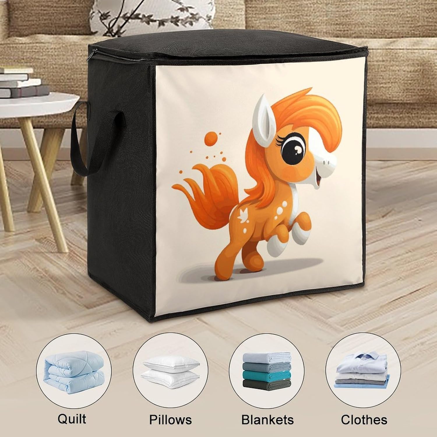 Portable Quilt Storage Bag,Cute Orange Pony Printed Foldable Wardrobe Storage Box Foldable Storage Bag with Lids And Handle Large Clothing Storage Bag for Comforters Clothes Blankets Pillows