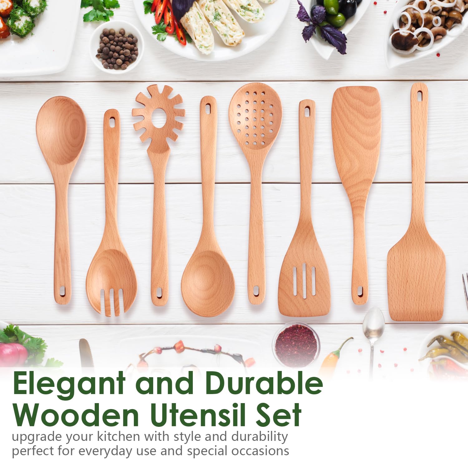 Kitchen - Juego de utensilios de cocina de madera de haya de 8 piezas, cucharas de cocina de madera con espátula, skimmer, cuchara de pasta y volteador, herramientas de cocina de madera duraderas