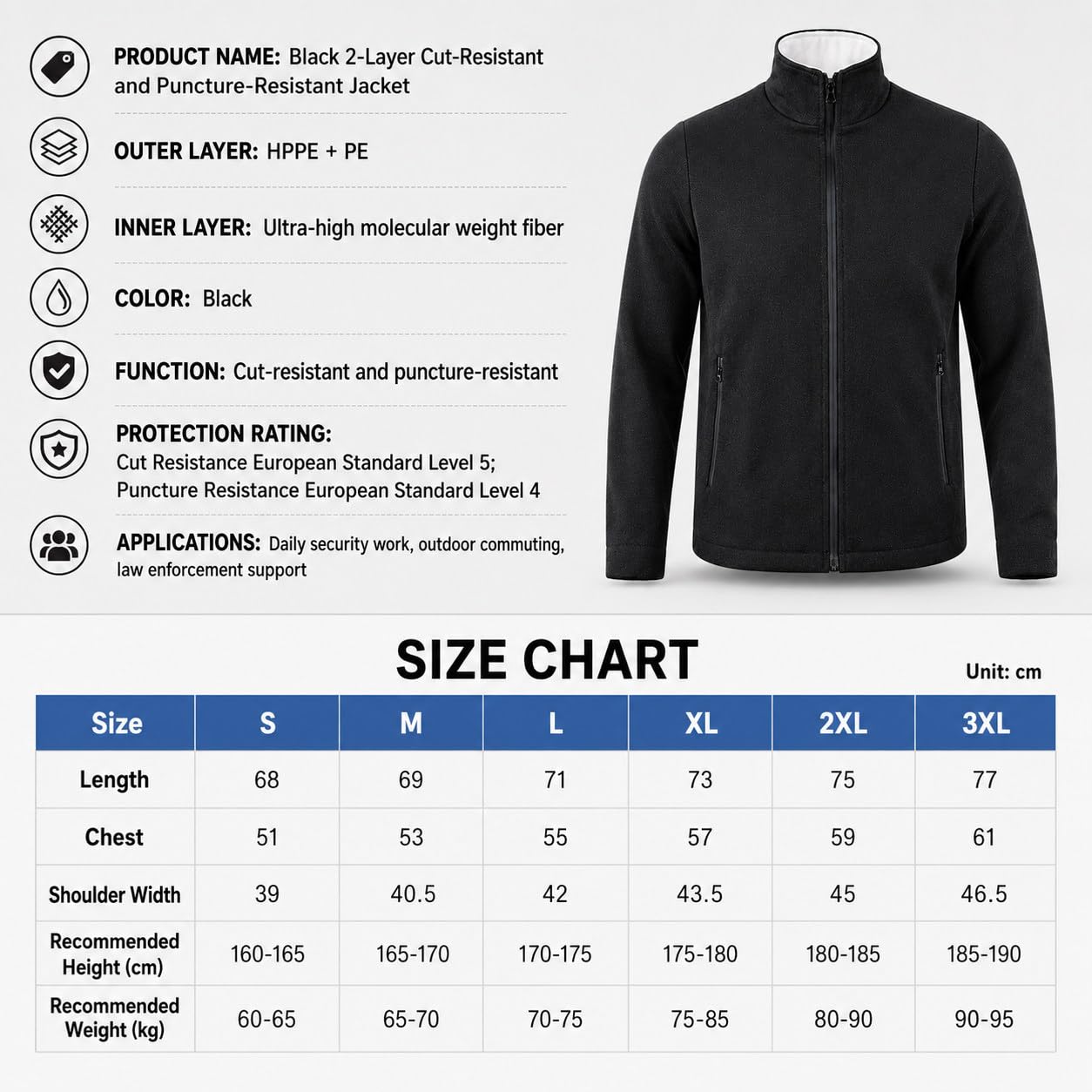 Kamizelka Ochronna Poziomu 5 Black-M | Odzież Chroniąca Przed Przecięciem I Przekłuciem, Bluza Z Wysokim Kołnierzem Chroniąca Przed Przekłuciem