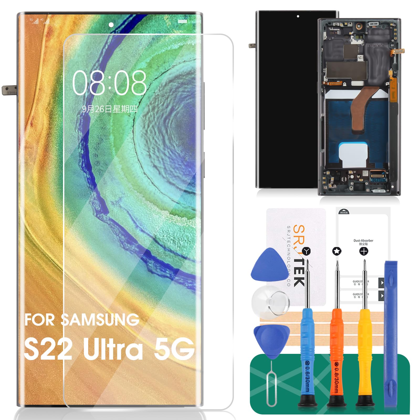 Photo 1 of OLED for Samsung Galaxy S22 Ultra 5G LCD Screen Replacement for Samsung S22 Ultra 5G Display for Galaxy SM-S908 Digitizer Touch Screen Assembly Repair Kits with Frame (Black,with Fingerprint)