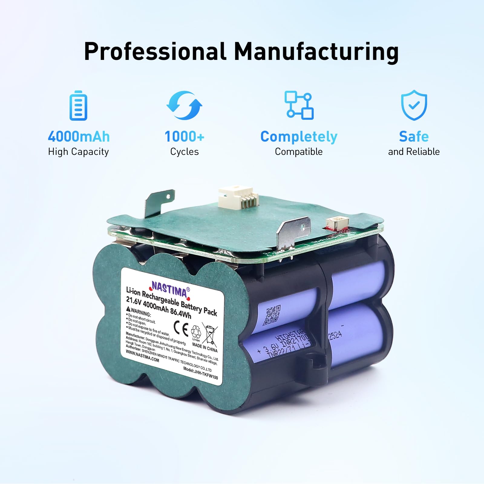 NASTIMA 21,6V 4000mAh Li-ION Batterie pour Tineco Floor One S5 Pro 2 | Batterie de Remplacement pour Tineco Floor One S5 Smart/Steam Aspirateur, pour FW100100CN FW100400CN FW100700CN, 1000+ Cycles