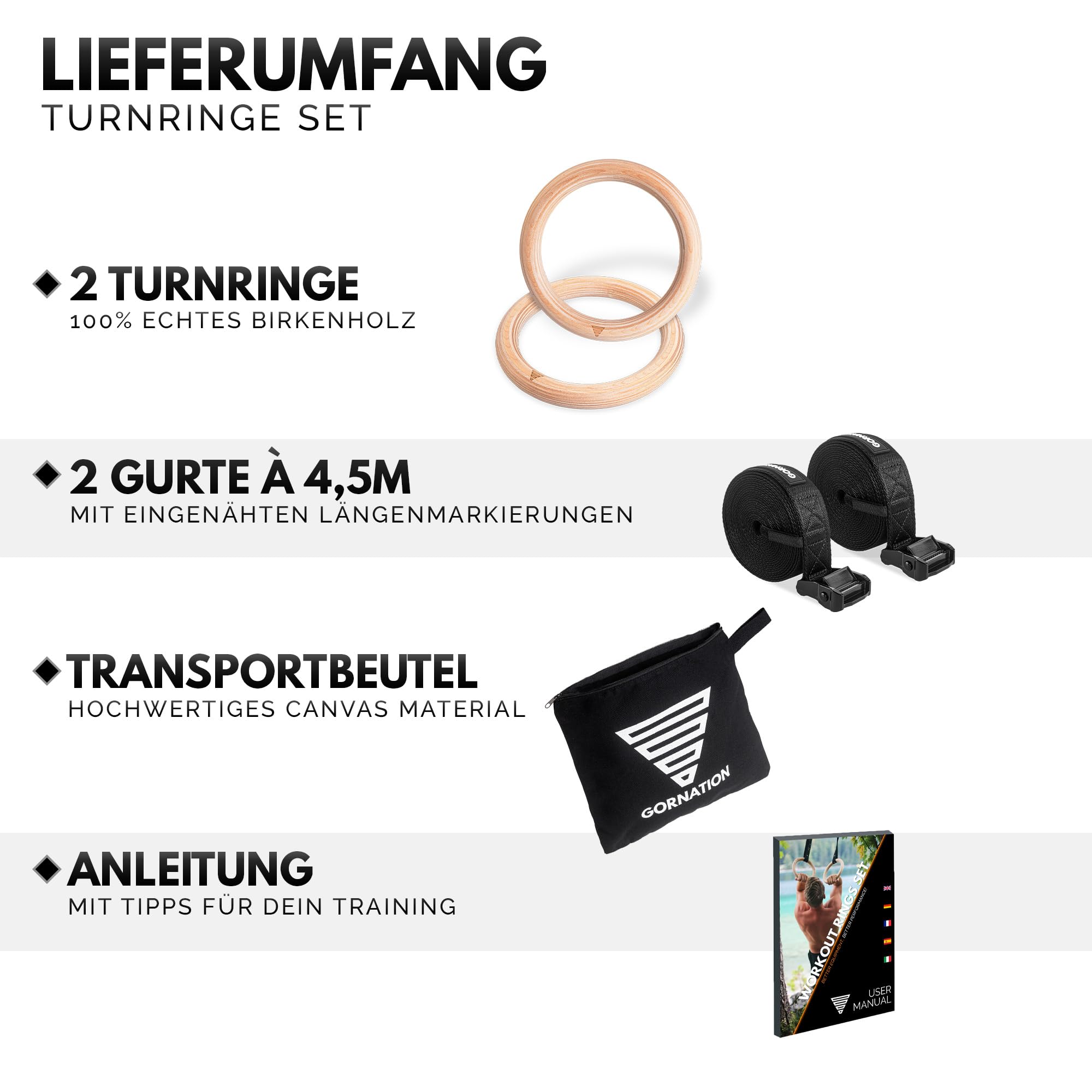 GORNATION Turnringe Holz, Gym Rings, Calisthenics Ringe, Turnen, Fitness, Olympische Gymnastikringe + Befestigungsgurte mit Markierungen & Tasche für Indoor & Outdoor Training