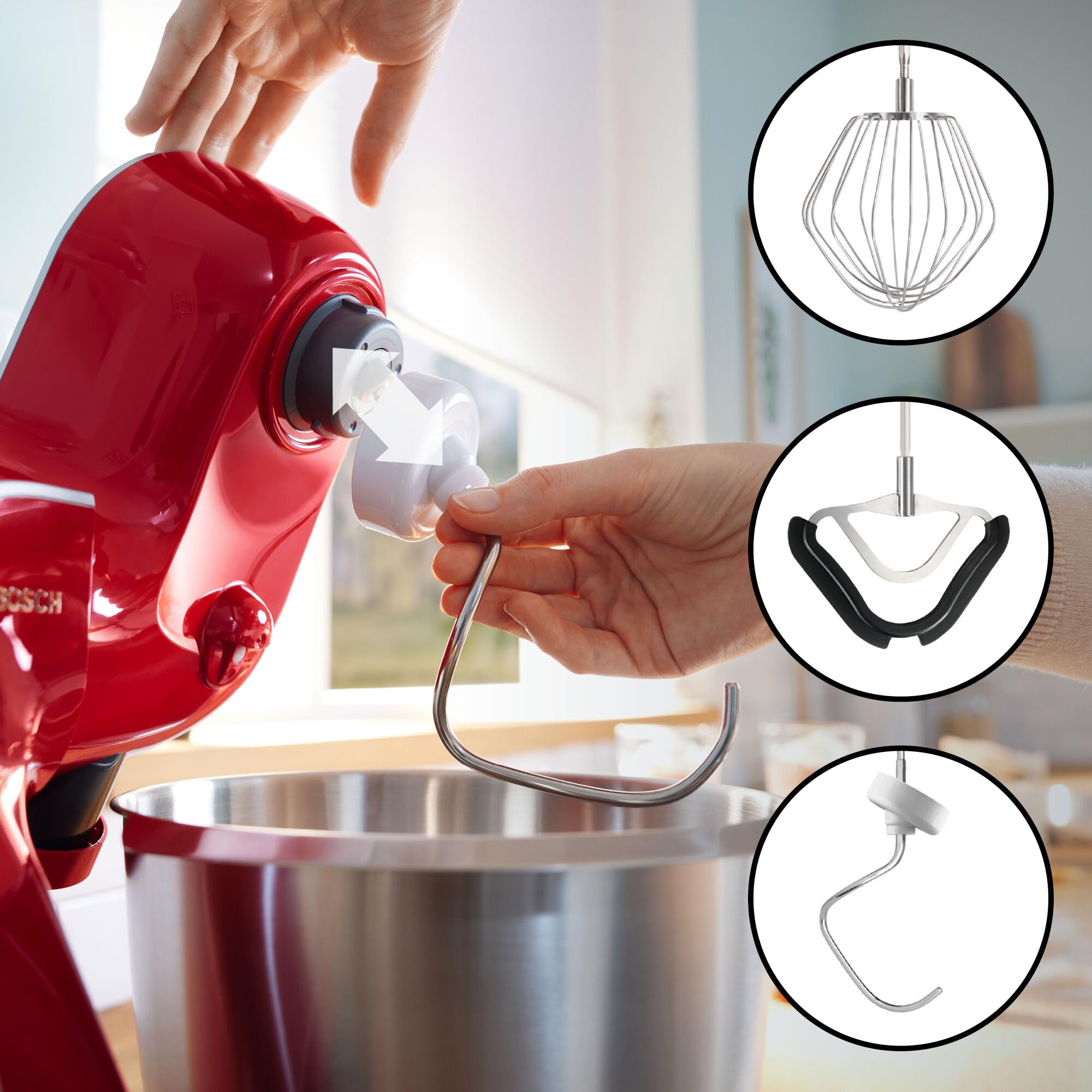 Bosch Küchenmaschine Serie 4, integrierte Waage, Edelstahl-Schüssel 3,9 L, Mixer 1,25 L, Kunststoff-Schüssel, spülmaschinenfest, 3x Rührelemente, Durchlaufschnitzler, 1000 W, Dunkelrot, MUM5X734