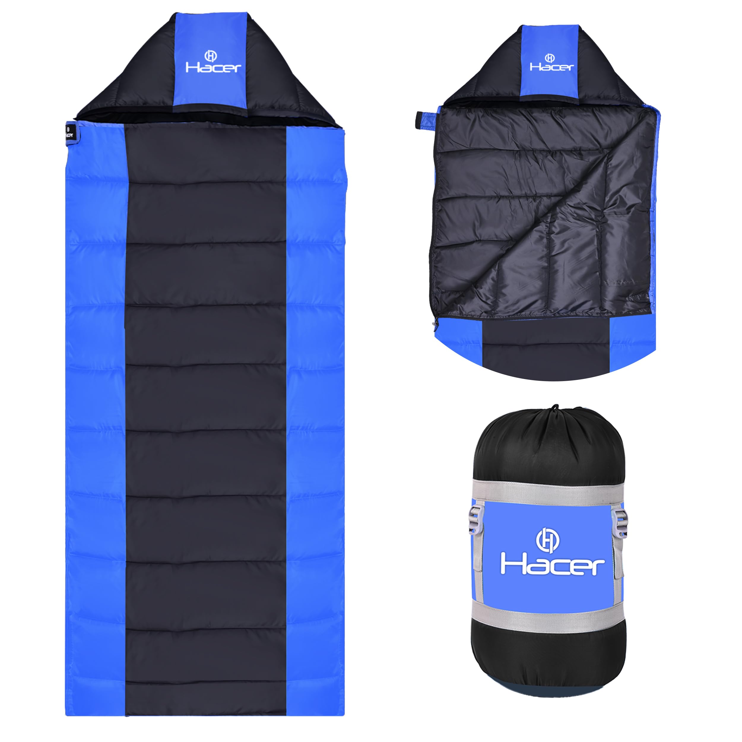 Hacer Aravalli 3in1 Camping Sleeping Bag Open Like Comforter & Mattress +6 to +20 Degree Winter Hiking Trekking Baby, Adult Men & Women Train Travelling Bags (Black & Blue, 7 Ft, 1.2 KG)