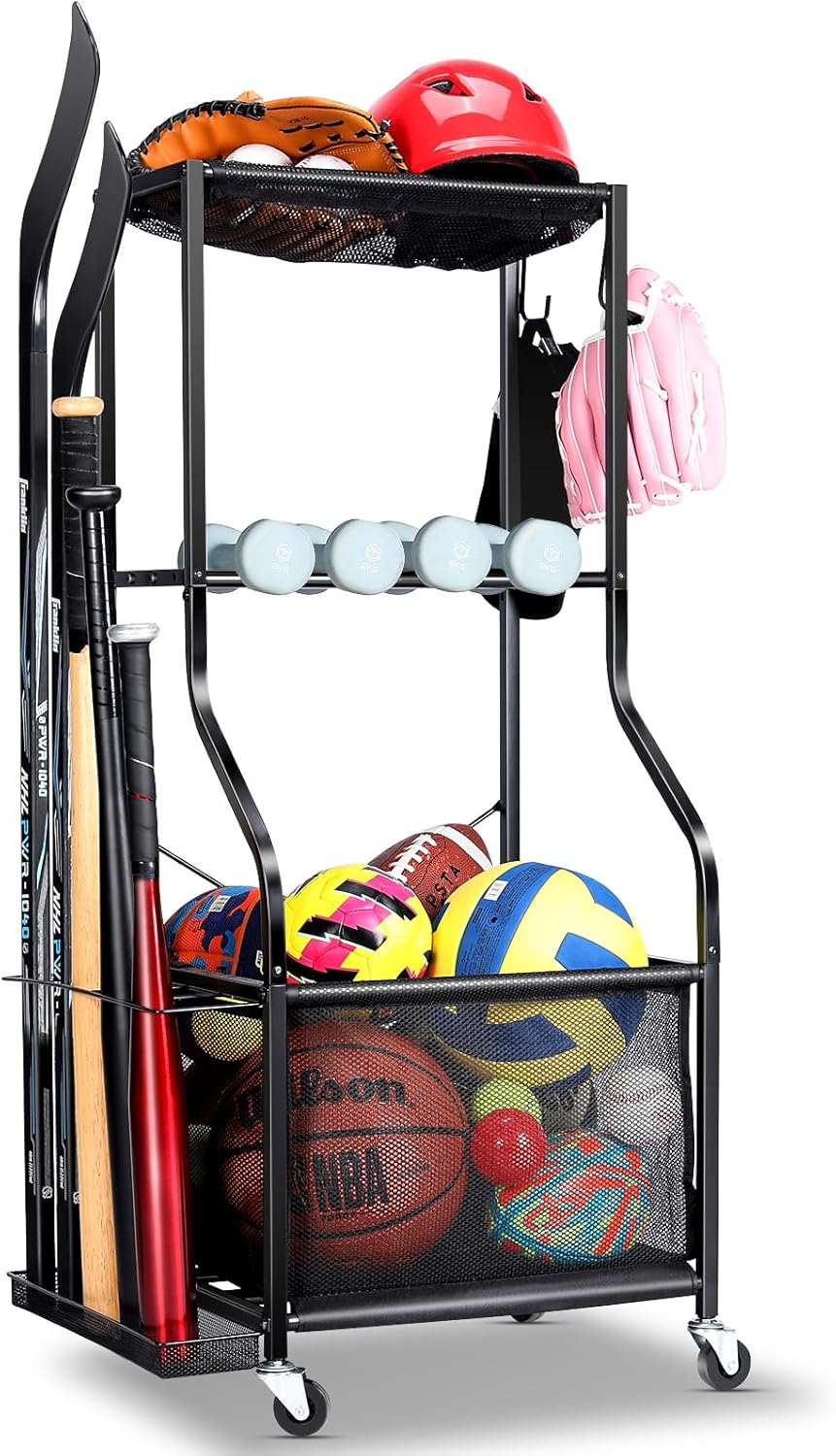 Garage Sports Equipment Organizer - Rolling Ball Storage Bin with Wheels, Garage Sports Gear Rack Outdoor Basketball Racks for Balls with Baseball Bat Holder and Hooks, Toy Organizer(White)