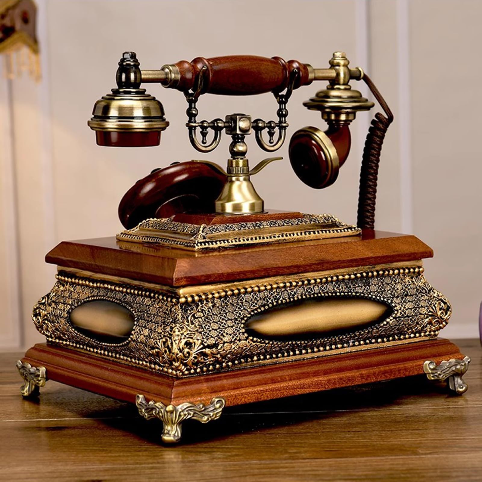 Luksusowy telefon stacjonarny z drewna, retro telefon przewodowy z przyciskiem do dekoracji domu/biura