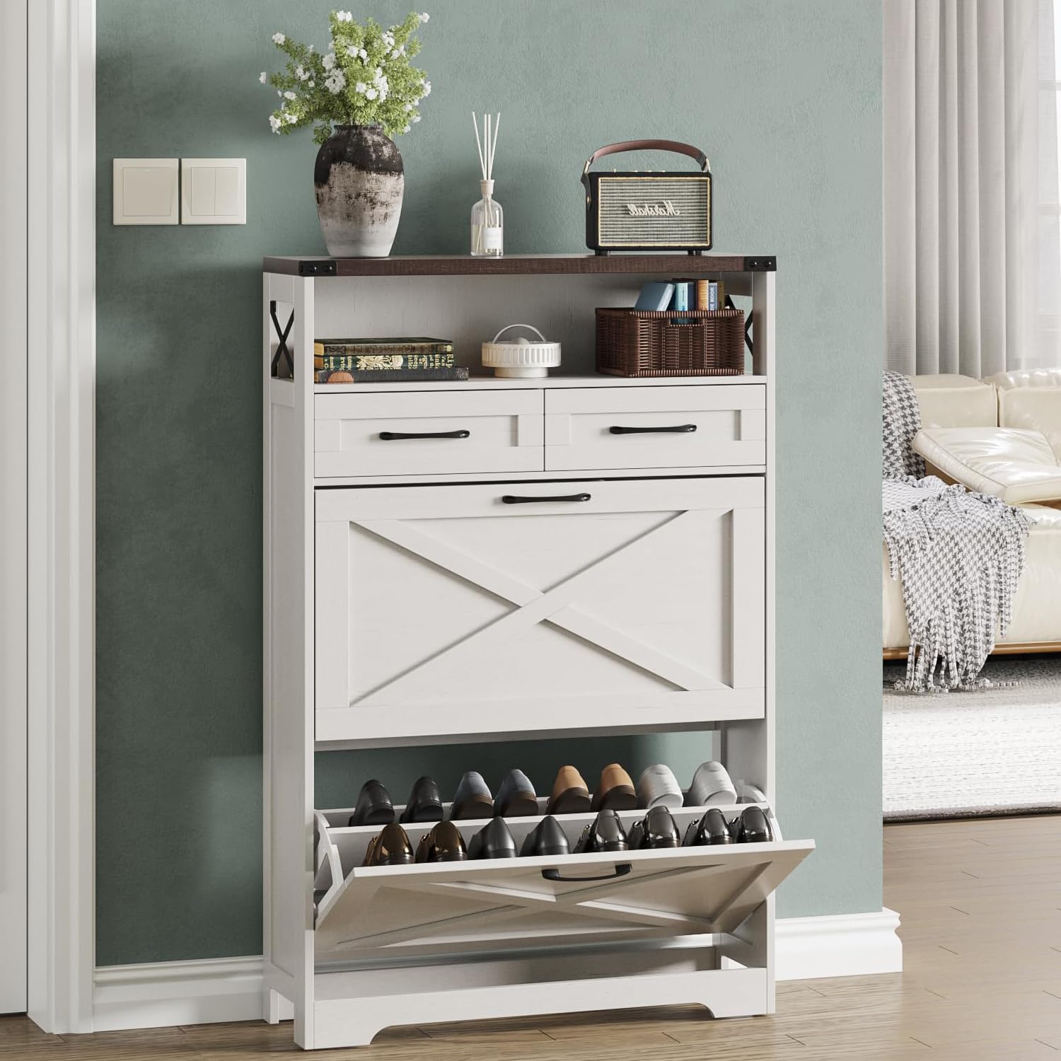 Maupvit Shoe Storage Cabinet with 2 Flip Drawers & 2 Drawers, Hidden Slim Shoe Cabinet, Farmhouse Shoe Cabinet Storage for Entryway, Space Saving,