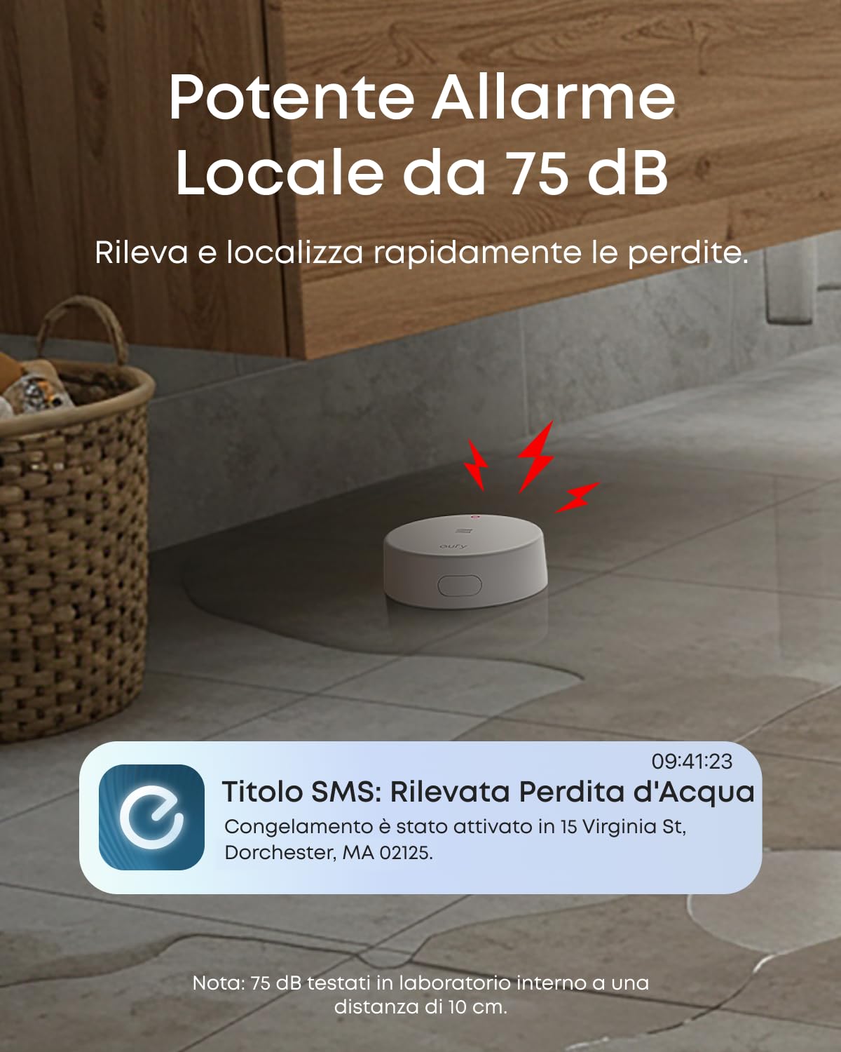 eufy Sensore Acqua e Gelo E20, Doppia Rilevazione, Portata Estesa con Cavo, Allarme Integrato da 75 dB, Batteria Durevole di 5 Anni, Richiesta Versione UE di HomeBase 2, 3, Mini o Pro