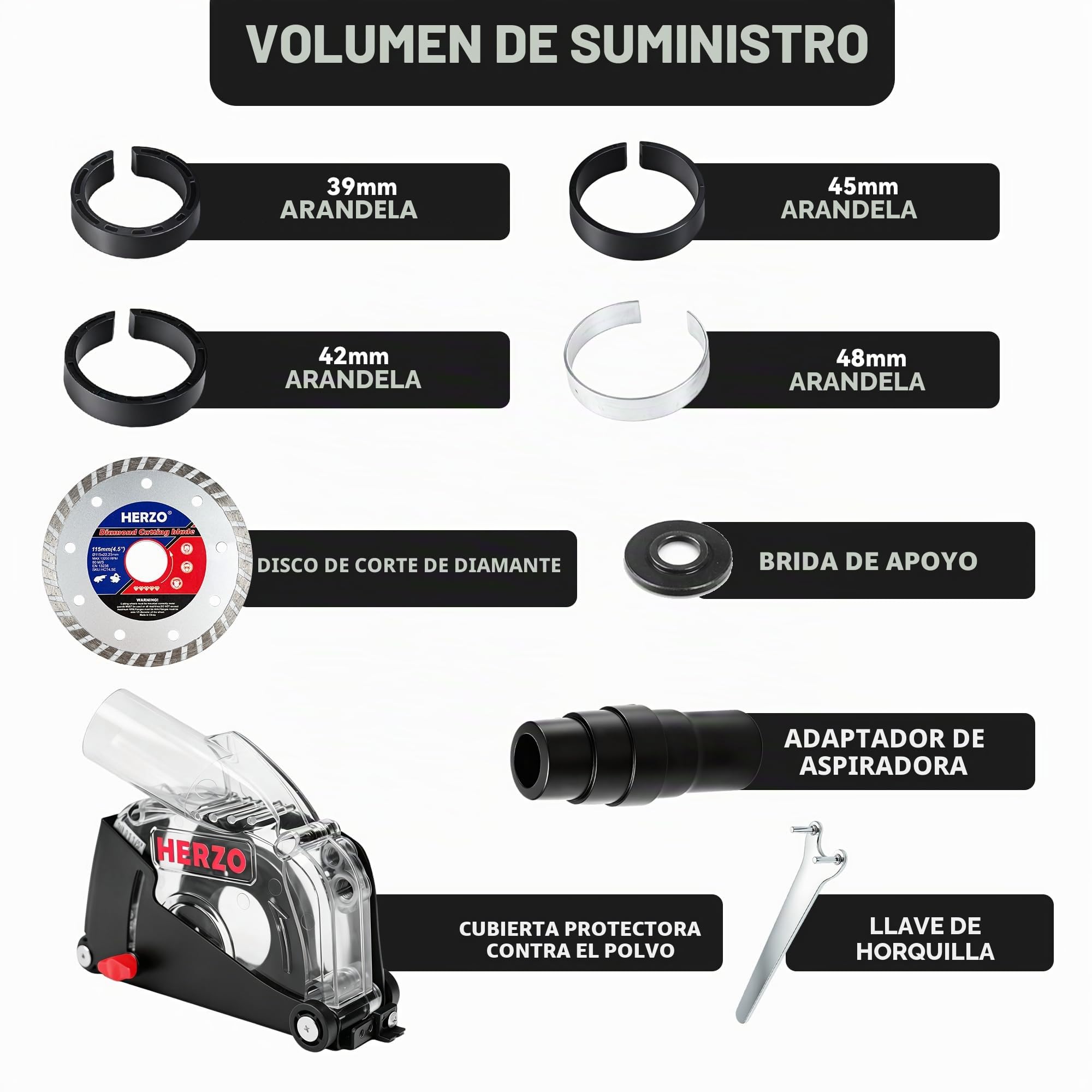 HERZO 115/125 mm Guía de corte con racor de aspiración para cortar, Negra