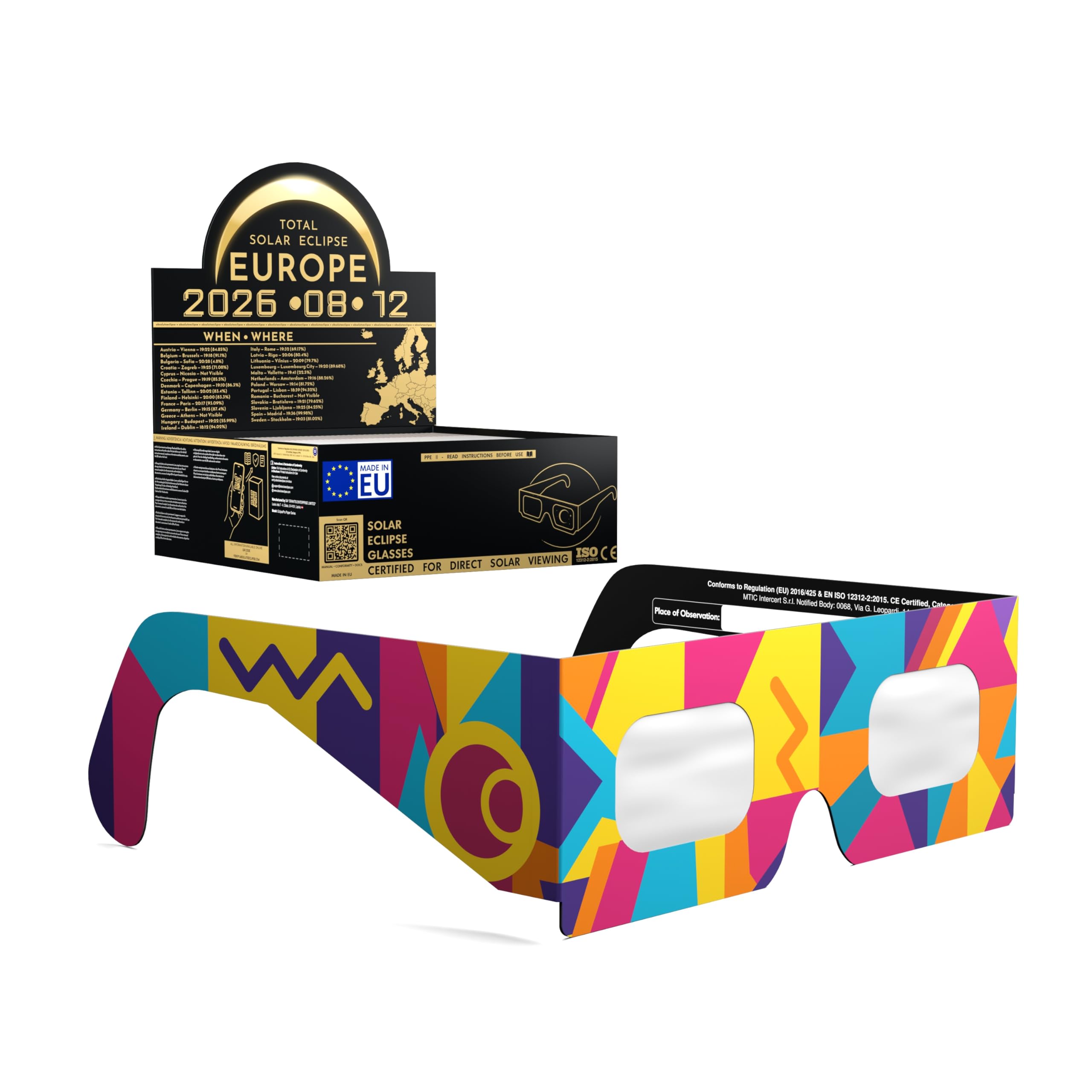 Solar Eclipse Glasses ISO 12312-2 CE Certified | Safe Solar Viewing Glasses UK | Paper Cardboard Frame | Total Solar Eclipse August 2026 | Made in EU | 50 Pack | Memphis โ image 1