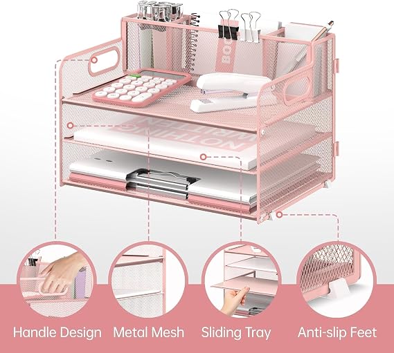 3 Tier Desk Organizer with Handle & 3 Pen Holders, Mesh Paper/File Organizer for Desk, Paper Letter Tray Organizer for Office Supplies (Pink)