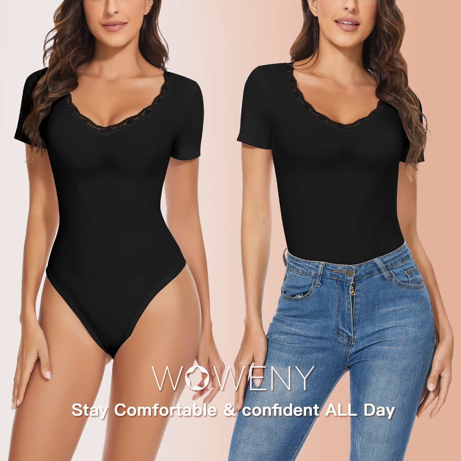 WOWENY Body Donna Manica Corta Pizzo Elegante Scollo a V Sexy T-Shirt Bodysuit Top per Donna