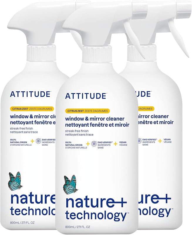 ATTITUDE Window & Mirror Cleaner, EWG Verified, Plant- & Mineral-Based, Vegan & Streak-Free Glass Spray, Citrus Zest Scent, 27.1 Fl Oz (Pack of 3)