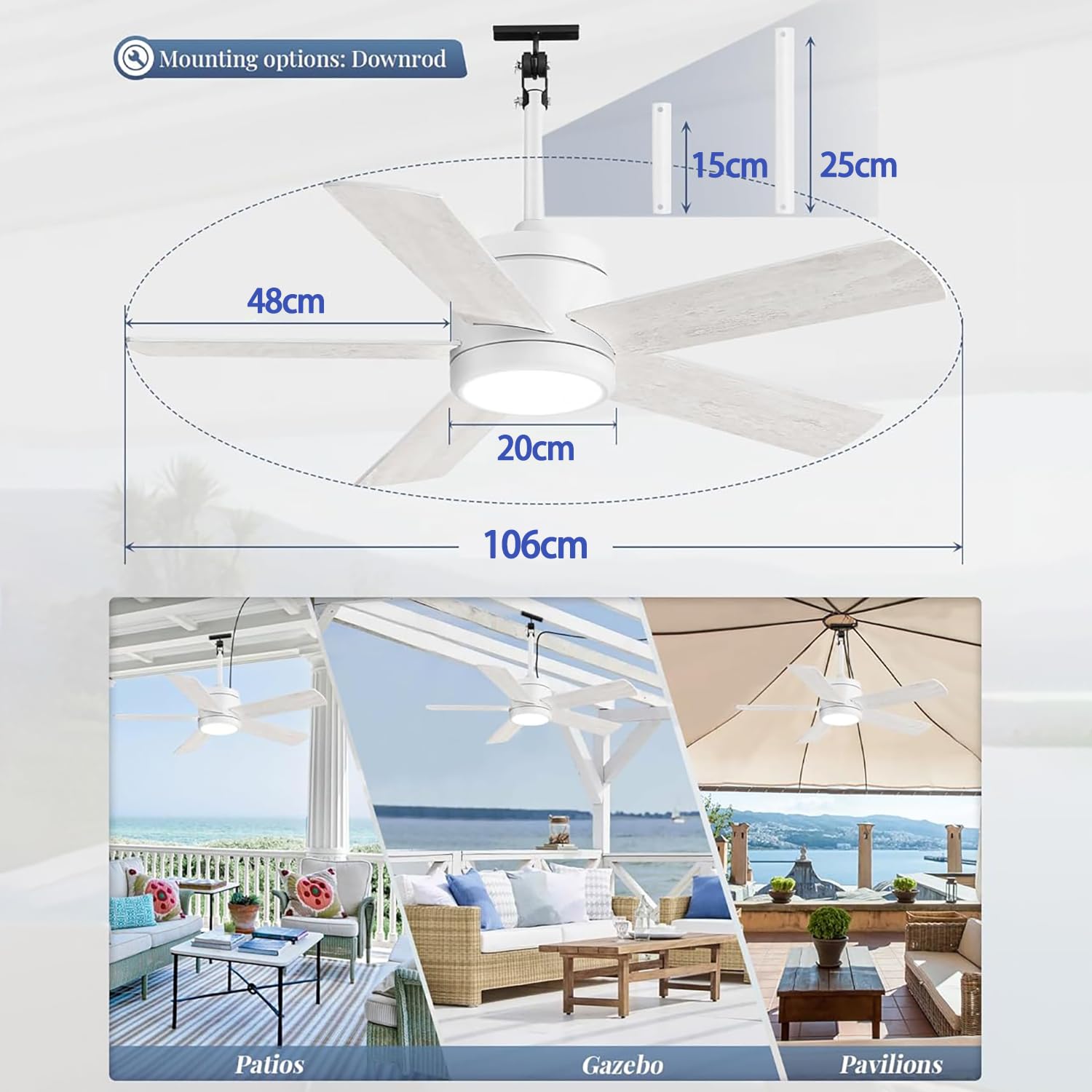Ventilateur Plafond 106CM avec Lumiere IP65 Étanche Dimmable Télécommande Silencieux pour Intérieur Extérieur