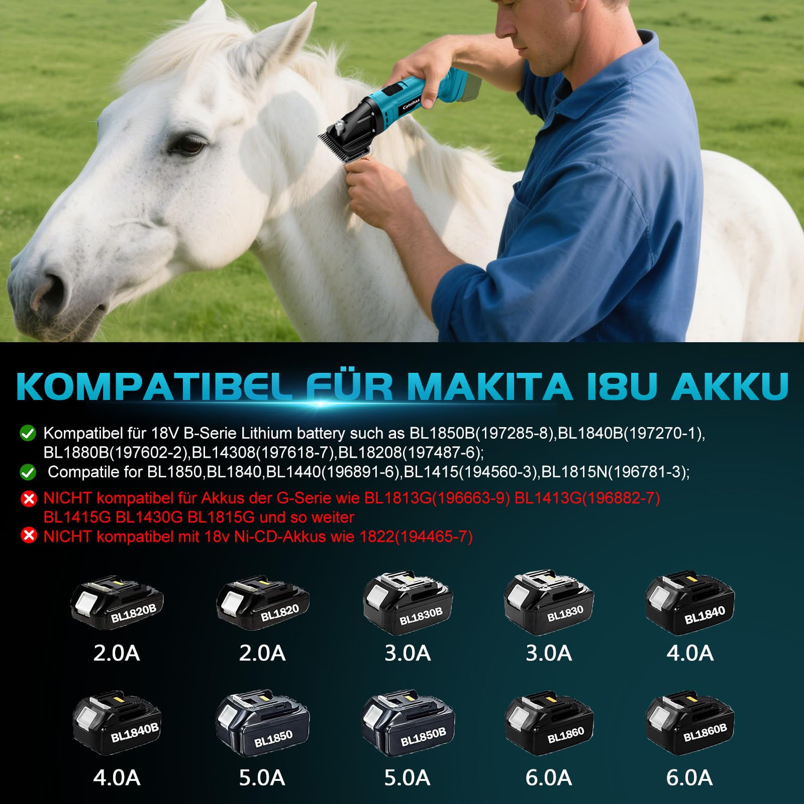 Schermaschine Pferd für Makita 18V Akku,2500 RPM/Min Motor,6 Gang Profi Pferde Schafschere für Dickes & Verfilztes Haar (ohne Akku)