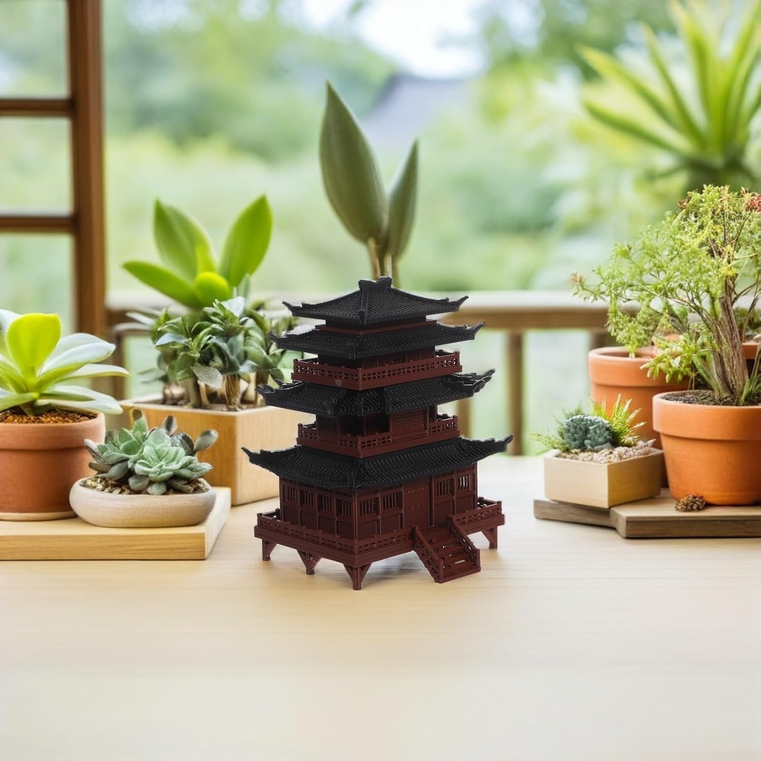 Miniature Pavilion Pagoda Model Plastic Brown Decor for Bonsai Office