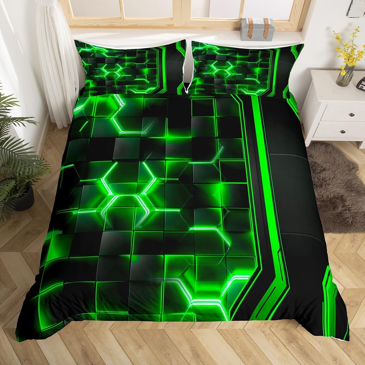 jejeloiu Green and Black Duvet Cover Bedding Set for Kids Boys Girls Room Decor Geometric Honeycomb Comforter Cover Toddler Size Modern Geometrical 2Pcs,NO Comforter