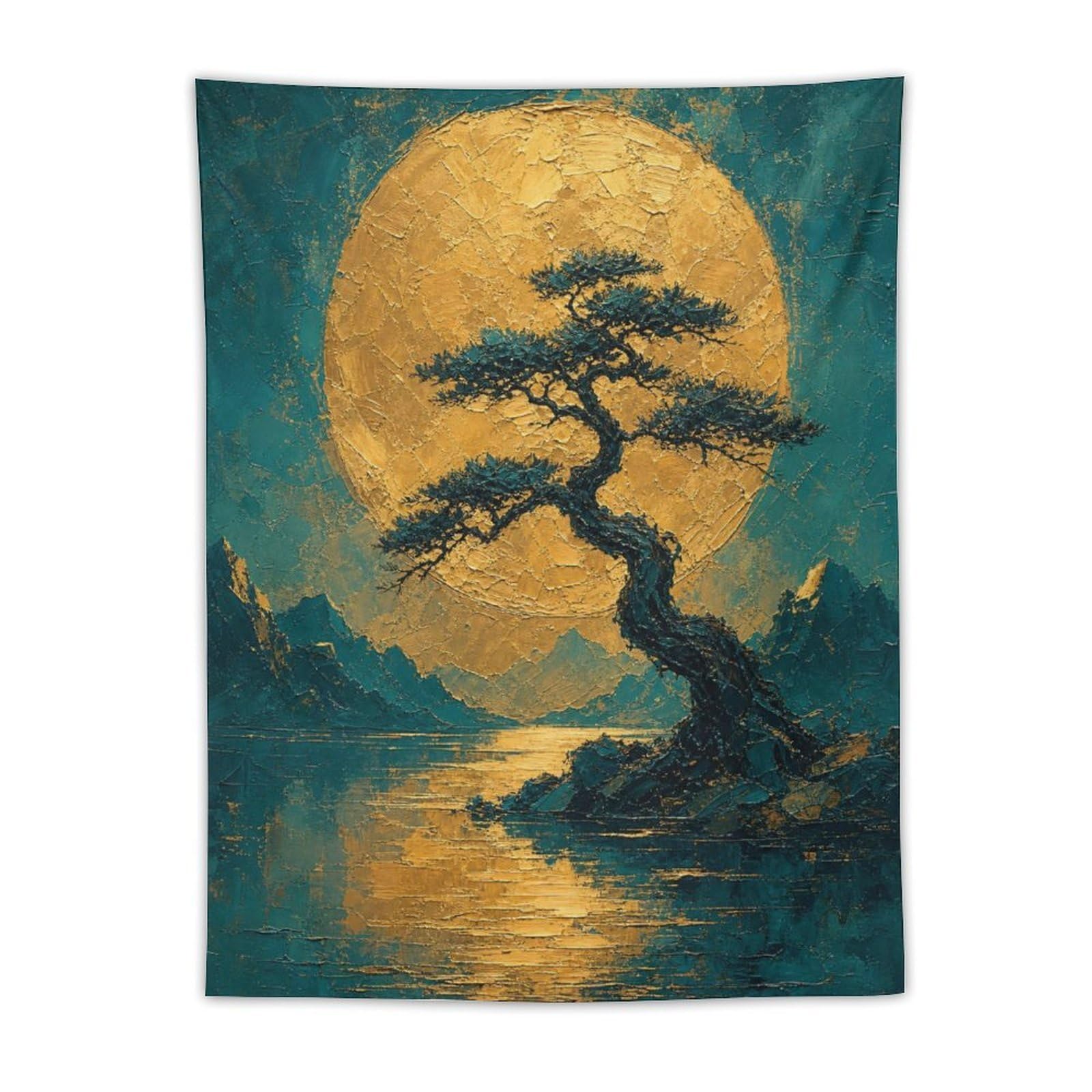 H3B8U2Y5 Golden Moon Pine Landscape Wall Tapestry, Ukiyo-e, Japanese Art