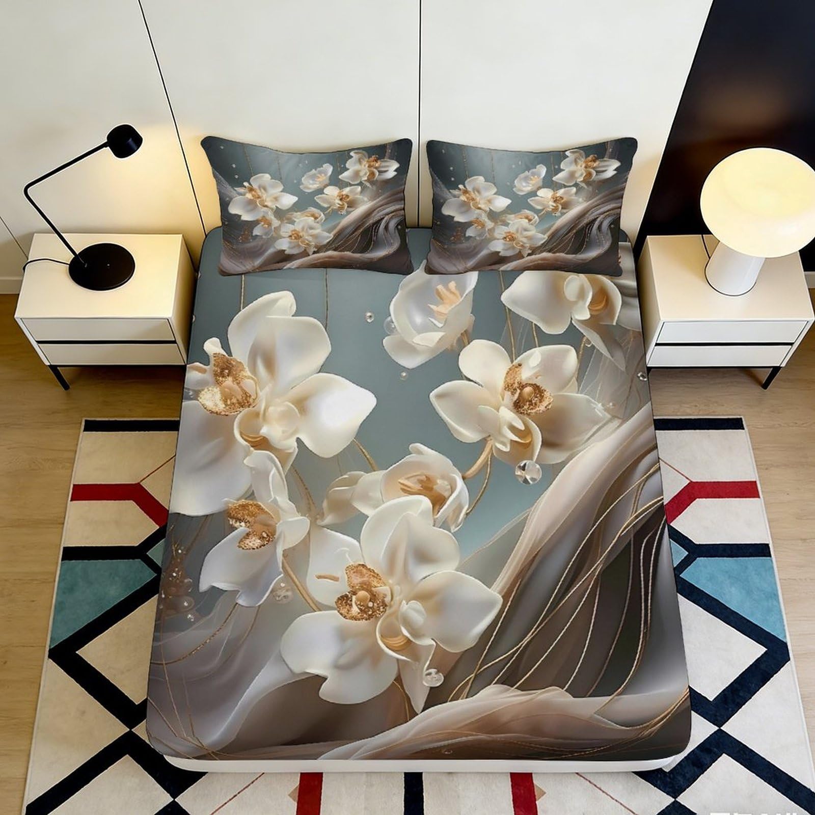 3D Printed Orchid Blossom Fitted Sheet Microfiber Floral Beige Mattress Cover for Bedroom Guest Room Decor 90x200x25cm