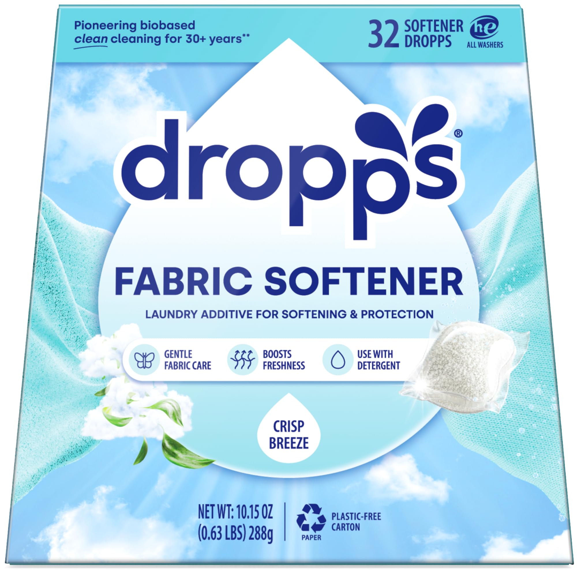 Dropps Softener | Clean & Crisp, 32 Pods | Soft and Long Lasting Fragrance | Low Waste Packaging | Works on All Machines + HE| Made with Natural Mineral-Based Ingredients