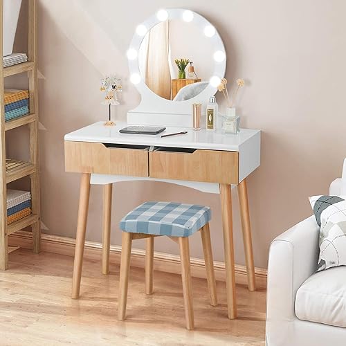 Miniatura 11 de Set de mesa de tocador Giantex con 8 bombillas y interruptor táctil, mesa de maquillaje para niñas princesa con espejo redondo grande, 2 cajones