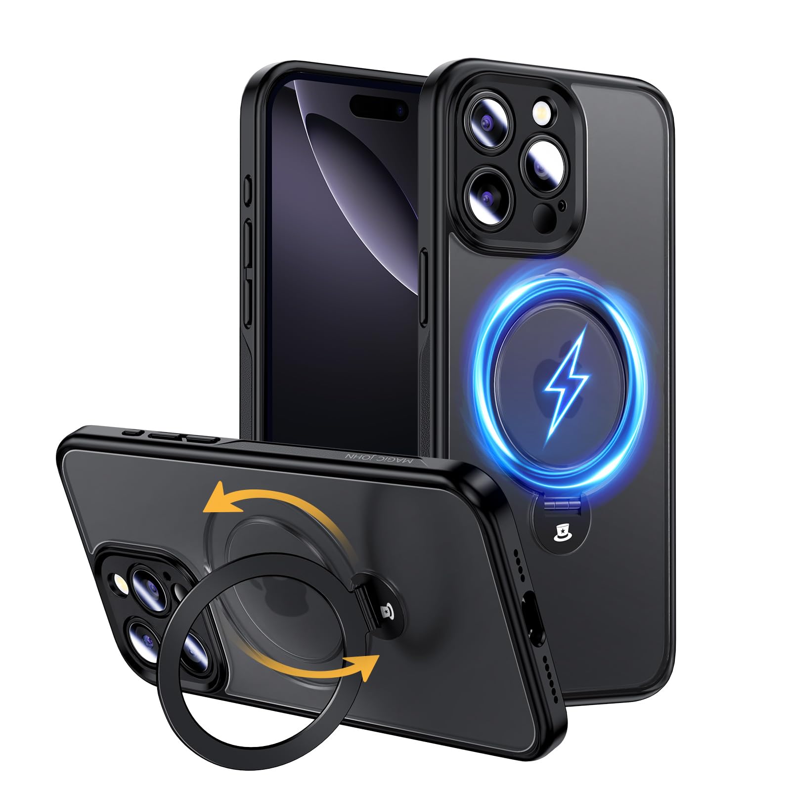 MAGIC JOHNDesigned for iPhone 16 Pro Max Case, with Magnetic Sturdy Kickstand [Military Drop Protection] [Compatible with MagSafe] Shockproof Translucent for iPhone 16 Pro Max Case 6.9'', Black