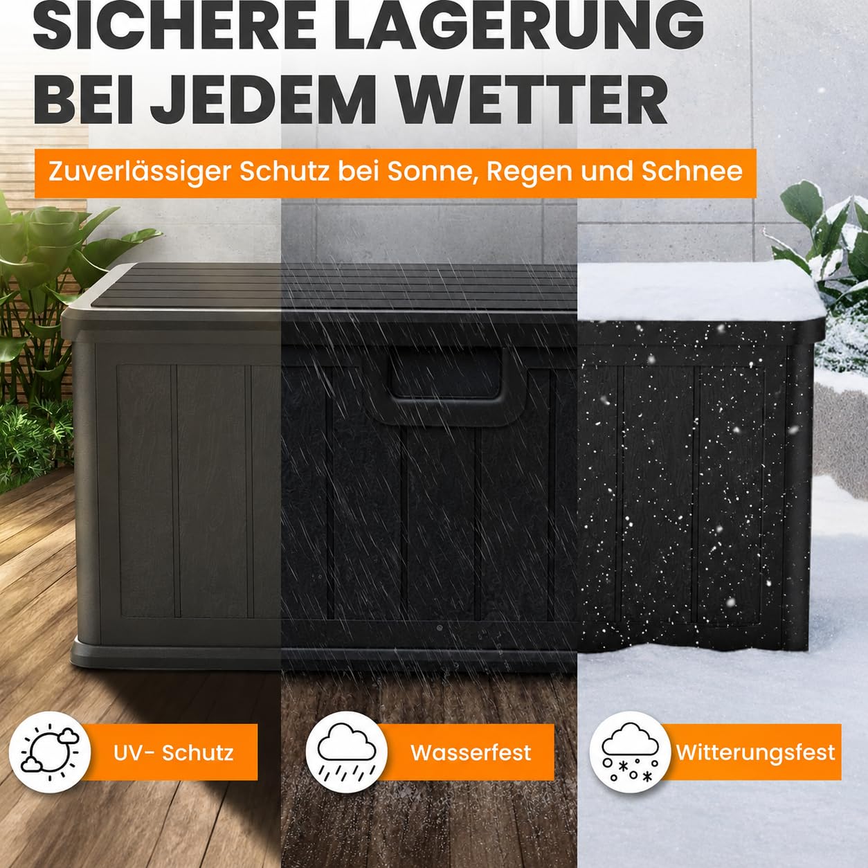 Naturiz® Gartenbox wasserdicht & stabil 375L - Aufbewahrungsbox XXL - Gartenkiste wetterfest - Auflagenbox, Kissenbox, Paketbox, Gartentruhe, Outdoor Box, Garten Box, schwarz (375L)