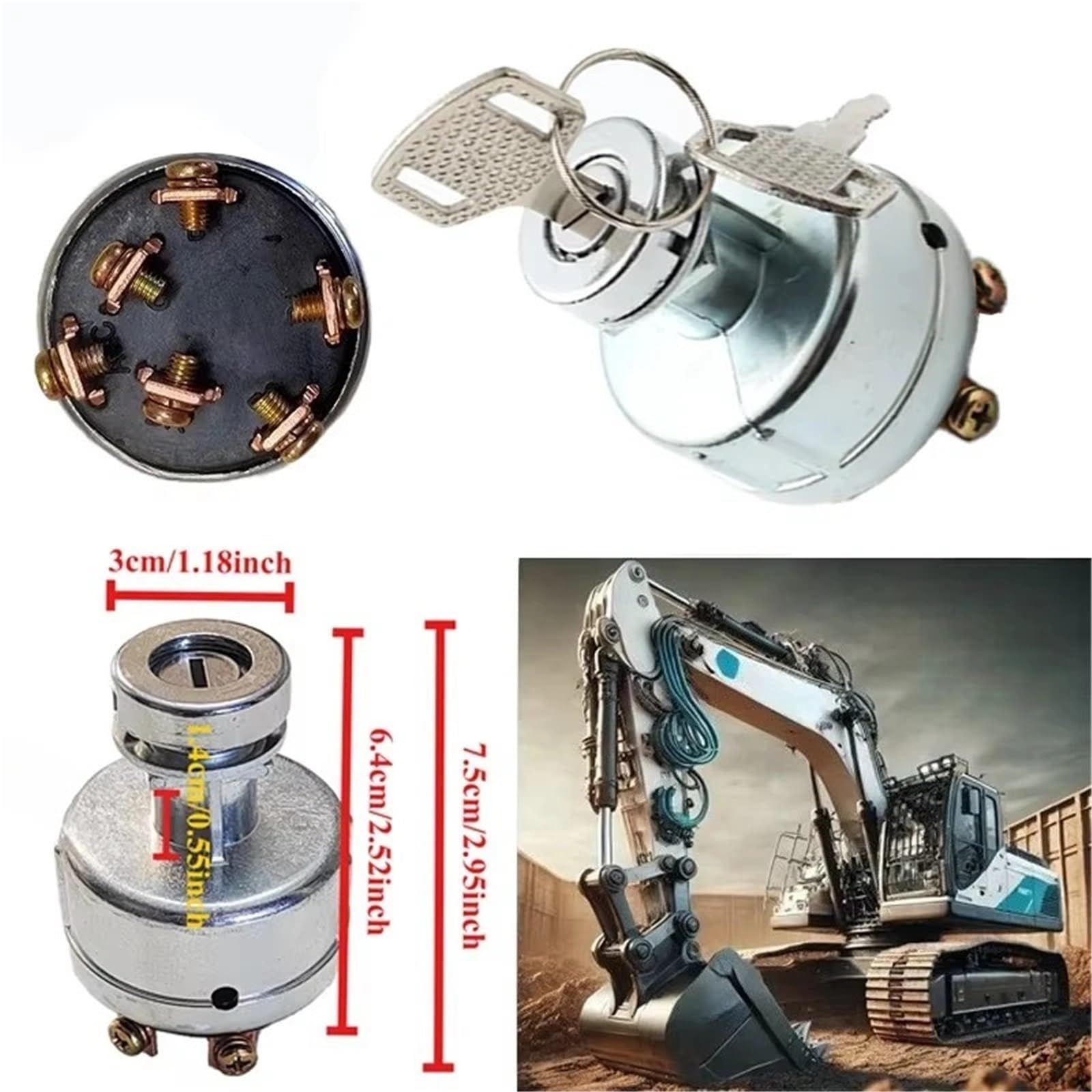 Interruptor de llave encendido para excavadora tractor compatible con YN50S00002F1 Kobelco SK200-3 SK200-5 4 posiciones 6 terminales 2 llaves interruptor de encendido del coche
