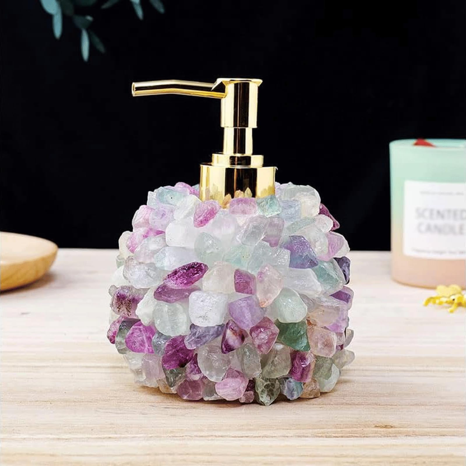 Yofab Dispenser di sapone da banco Dispenser di sapone con cristalli di fluorite grezza con pompa in acciaio inossidabile Dispenser di sapone liquido ricaricabile Dispenser di sapone per le mani