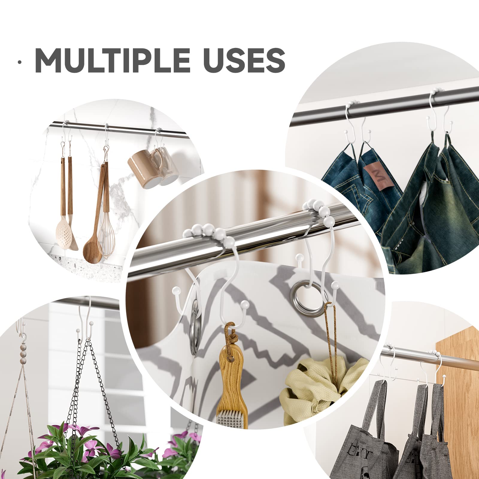 Color Up Double Hook Shower Rings – Stainless Steel Shower Curtain Hooks, Set Of 12 (White) - View #9