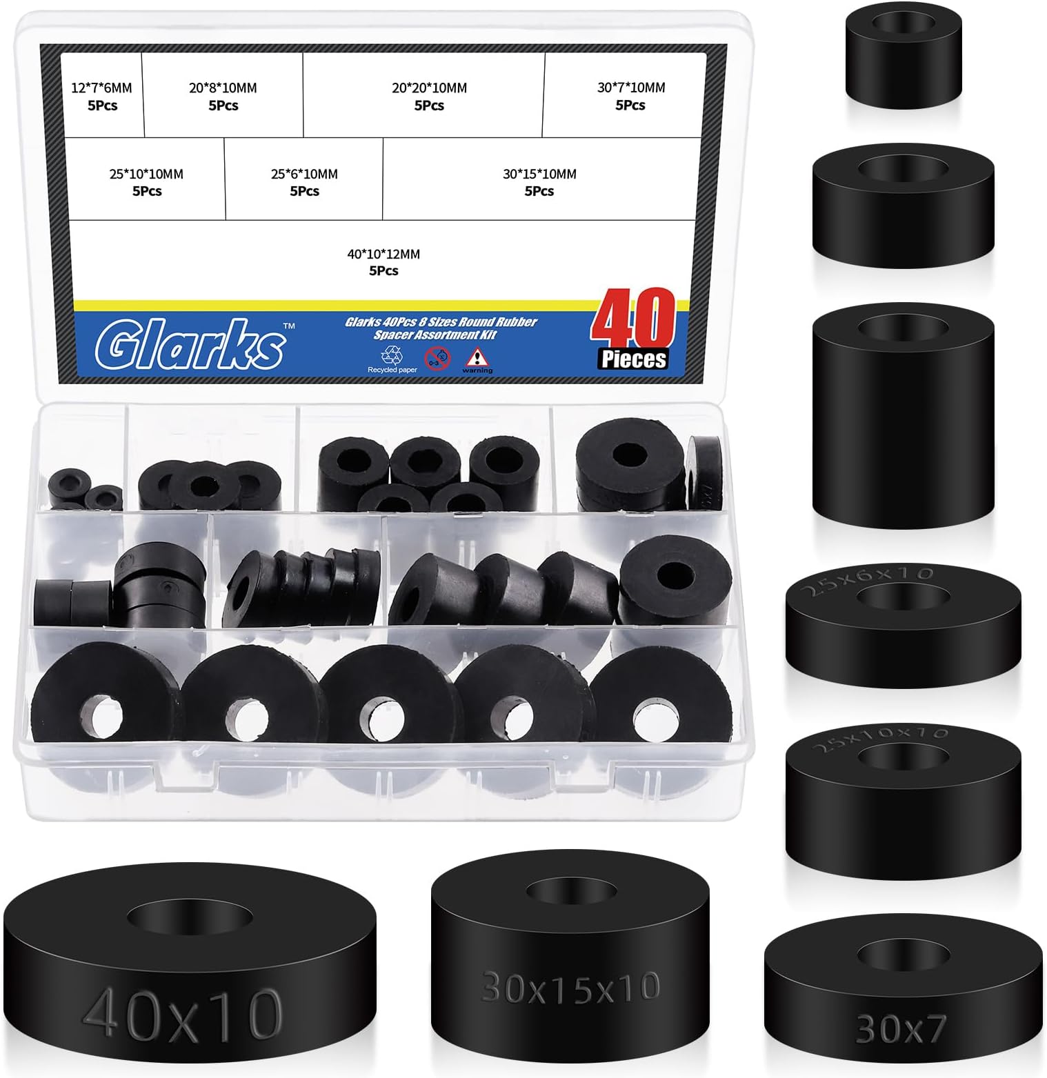 40Pcs 8 Sizes Round Rubber Spacer Assortment Kit, Multi Purpose Black Round Neoprene Washers Anti Vibration Rubber Spacer Bushings for Electrical Repair and Home Car Accessories