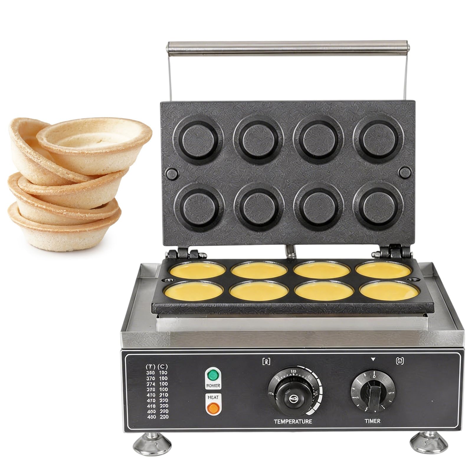 Wangyingxu Commercial Egg Tart Crust Machine, 1550W Electric Egg Tart Crust Maker, Nonstick Tart Shell Baker, 8 Holes Double-Sided Heating 50-300℃, with Timing Function, for Making Egg Tarts
