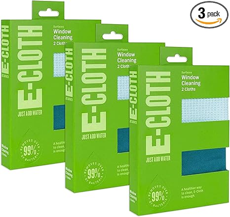E-Cloth 3-Pack Window Cleaning Cloth - Streak-Free Glass & Mirror Cleaning Kit with Just Water, Glass Cleaning Cloth, Microfiber Towel Kit for Windows, Car Windshield, Mirrors - Alaskan Blue