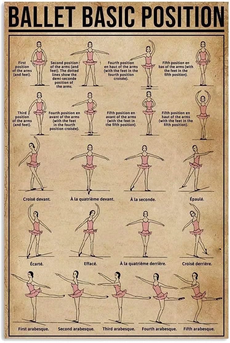 peiyeety Ballet Basic Position Metal Tin Signs Knowledge Poster Ballet Basic Position Popular Science School Garden Home Decor 8"x12"
