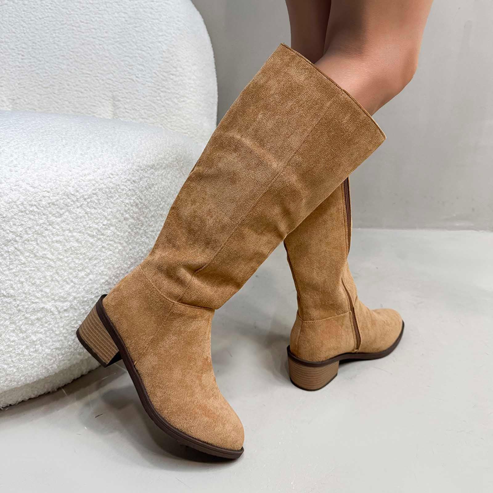 Generisch Stivali da equitazione invernali in pelle scamosciata con polpaccio medio, cerniera laterale, stivaletti, comodi, casual, scarpe alla moda per l'inverno e l'autunno