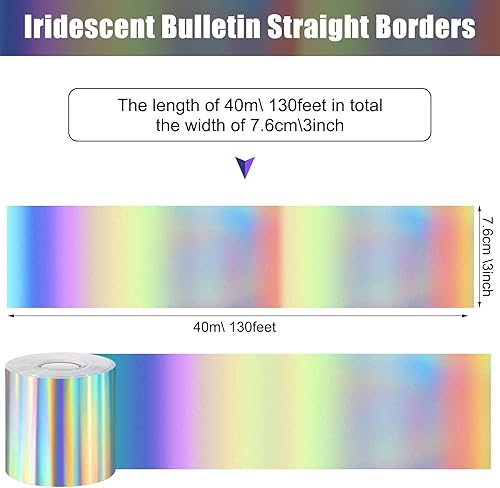 Miniatura 2 de Treela Tablero de anuncios iridiscente de 131 pies, decoración de aula, borde holográfico recto, enrollado, autoadhesivo, tablón de anuncios para