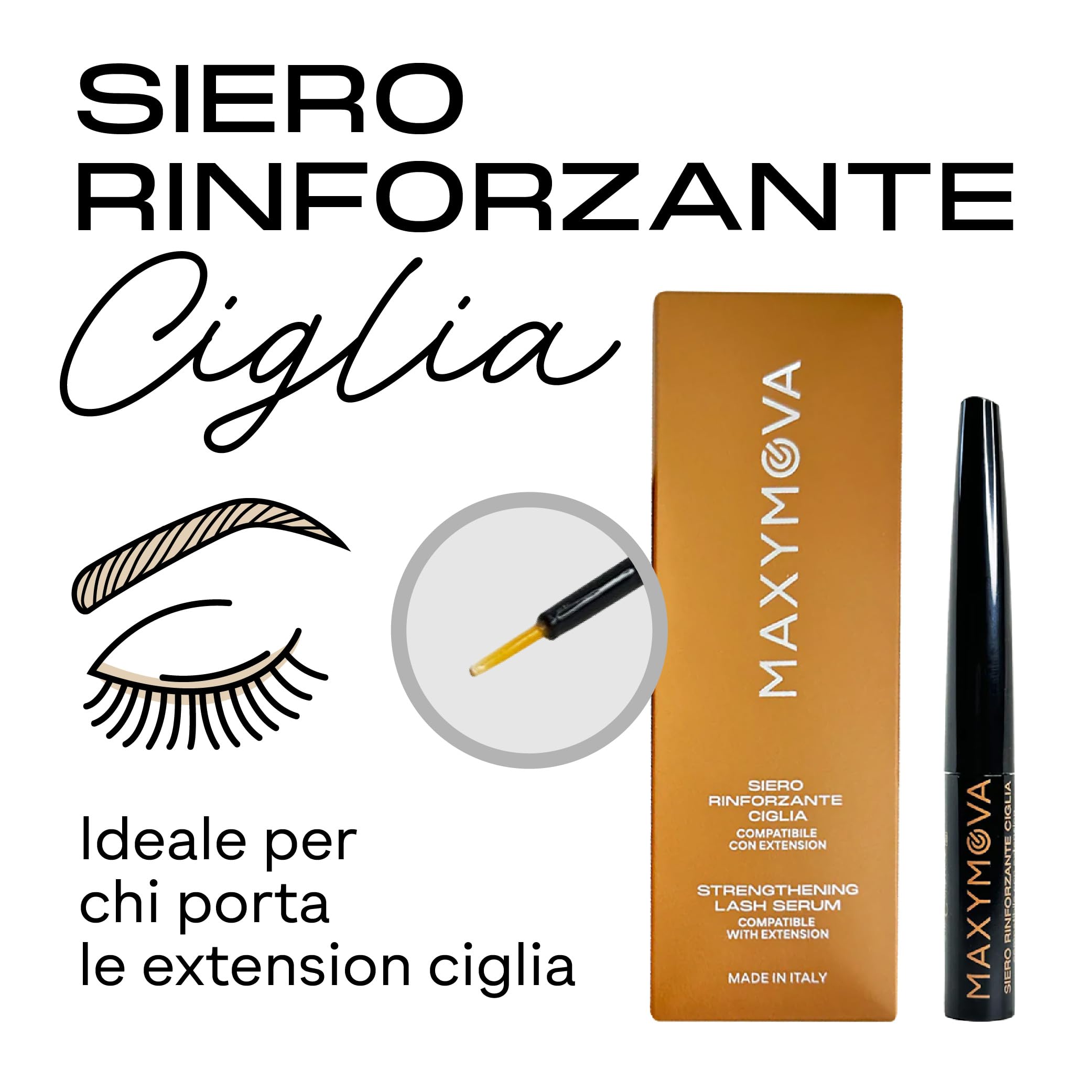MAXYMOVA Siero rinforzante ciglia e sopracciglia, trattamento nutriente e protettivo, compatibile con extension, formula delicata per uso quotidiano