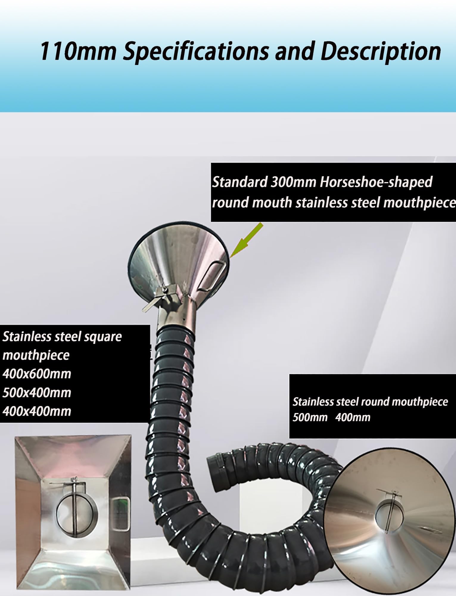 Manguera extractora de humos de soldadura, tubo de ventilación flexible con capucha de acero inoxidable, 11 cm de diámetro, 200 cm de largo, para fábricas y talleres