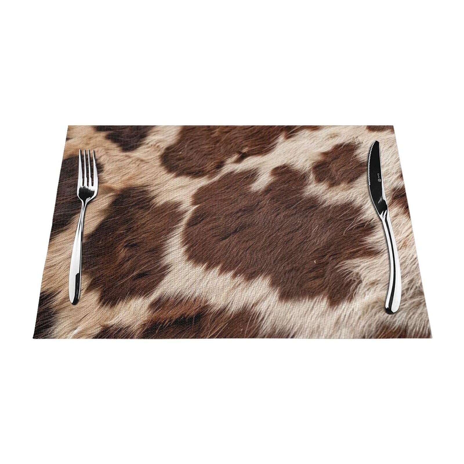 Brown Cowhide Printed PVC Placemat 4 PCS for Kitchen Dining Table Heat-resistand Washable Table Mats 18x12 in