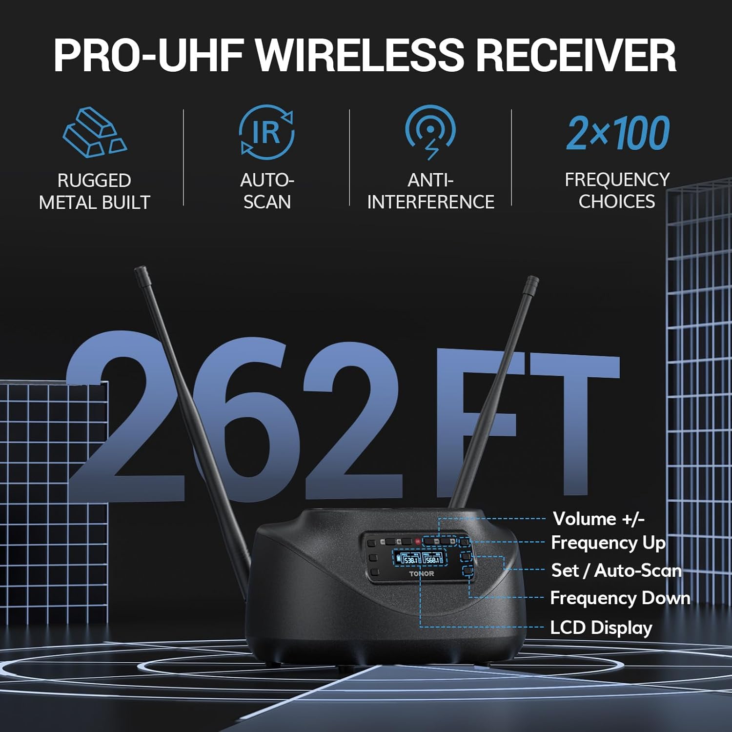 TONOR PRO-UHF Wireless Receiver highlighting 262 ft range and frequency choices