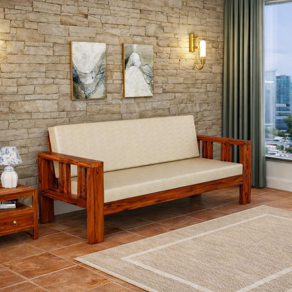 Wooden Sofa Cum Bed 3 Seater – Sheesham Wood Convertible Sofa Bed with Cushion Mattress - Modern Wooden Sofa Bed Couch for Living Room - Space Saving Sofa Cum Bed (Natural)-image-1