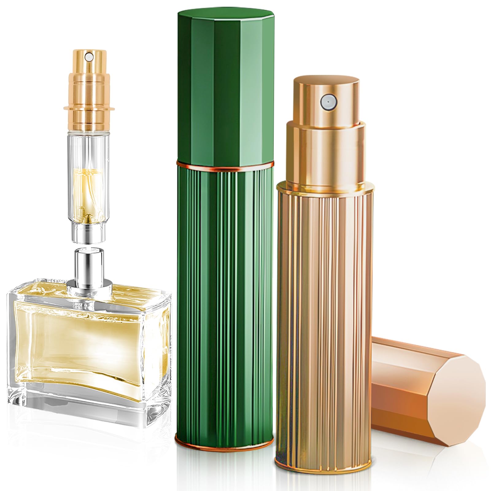 Joollurm Perfume Atomiser Perfume Travel Bottle, 2PCS 10ML Refillable Atomiser Bottles, Leakproof Portable Mini Spray Bottle for Travel, Handbag, Pocket, Ideal for Women & Men, Gold & Green