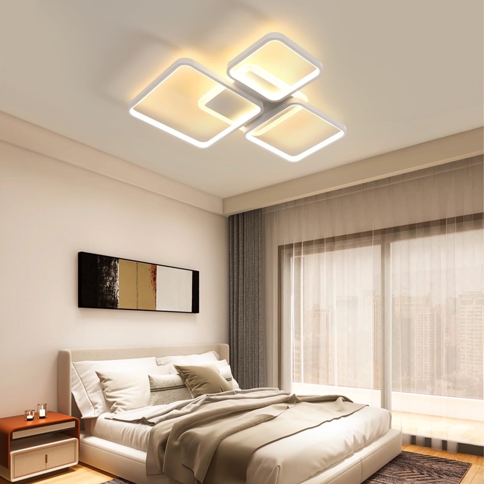 Plafoniera LED Soffitto Dimmerabile, 45W Lampadario LED Soffitto con Telecomando Funzione di Memoria 3000K-6500K 57cm, Moderna Plafoniera Quadrata per Camera da Letto Corridoio Cucina, Bianco