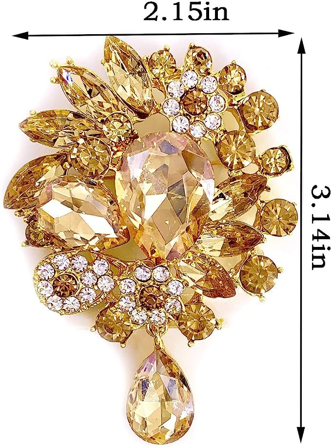 Image of Wedding Bridal Big Crystal Rhinestone Bouquet Brooch Pin for Women (Champagne Tear Drop)