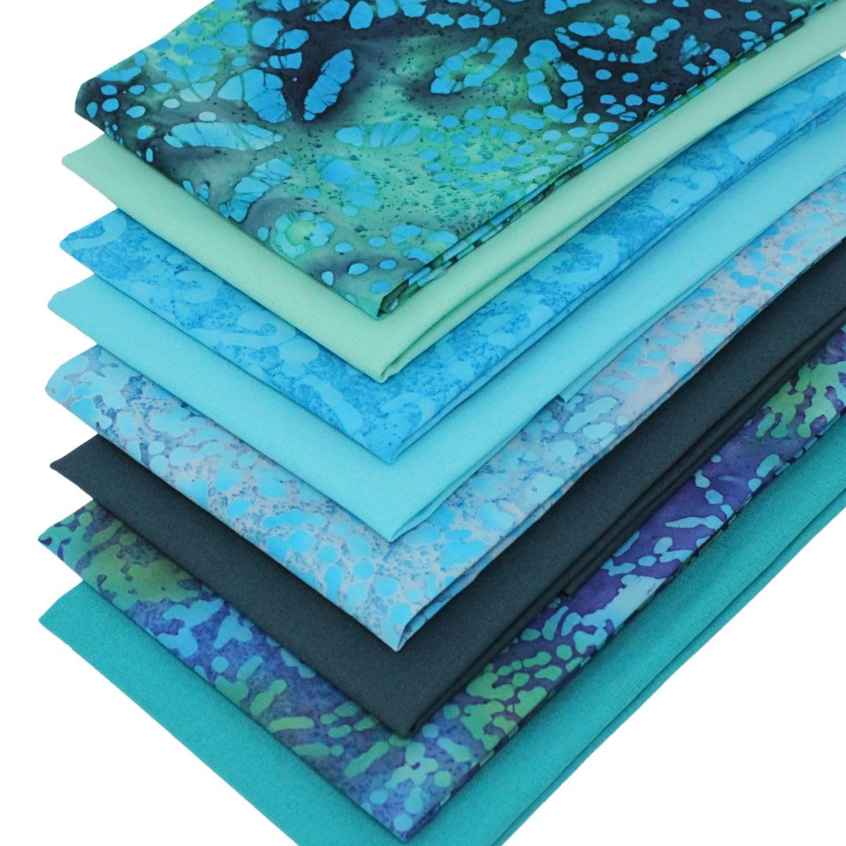8 Fat Quarters Bundle - 'Oceanic' Stunning Batik and Plain Solid Fabrics in Sea Greens & Aqua Blues. 100% Cotton for Quilting, Patchwork & Crafting (with Free Patchwork Pattern by Overdale Fabrics)