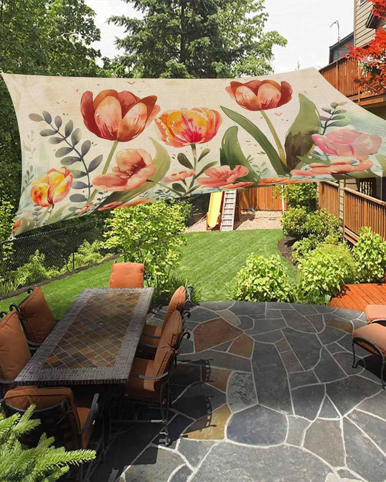 Boanket Sun Shade Sail 14' x 18', Burnt Orange Spring Floral Large Heavy Duty Outdoor Shades Sun Screen, Summer Botanical Tulip Vintage Shade Cloth for Patio Deck Terrace Garden Lawns Beach Backyard