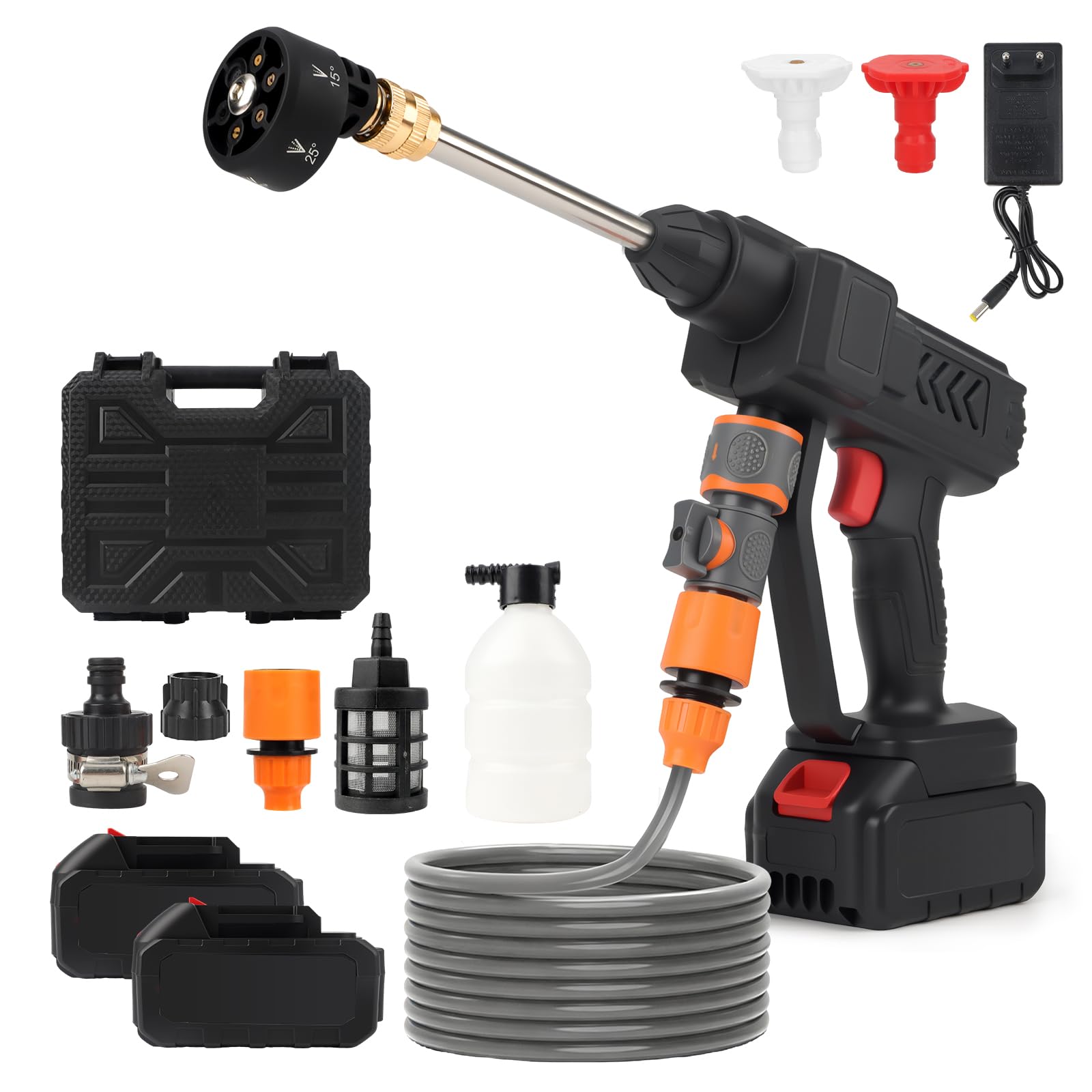Idropulitrice portatile ad alta pressione, potenza 140 W con ugello 6 in 1, tubo ad alta pressione da 5 m, adattatore universale per rubinetto e bottiglia per auto, bicicletta, terrazza