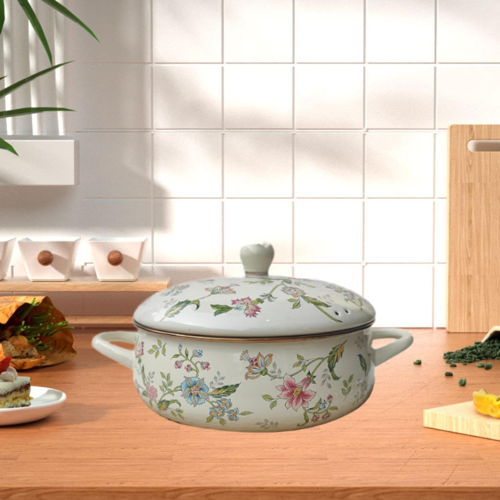 HOLIDYOYO Marmite En Émail Avec Couvercle 3 Pièces Ensemble De Marmites En Émail Rétro À Fleurs À Soupe Vintage Casserole Antiadhésive À Ragoût Sans Danger Pour Les